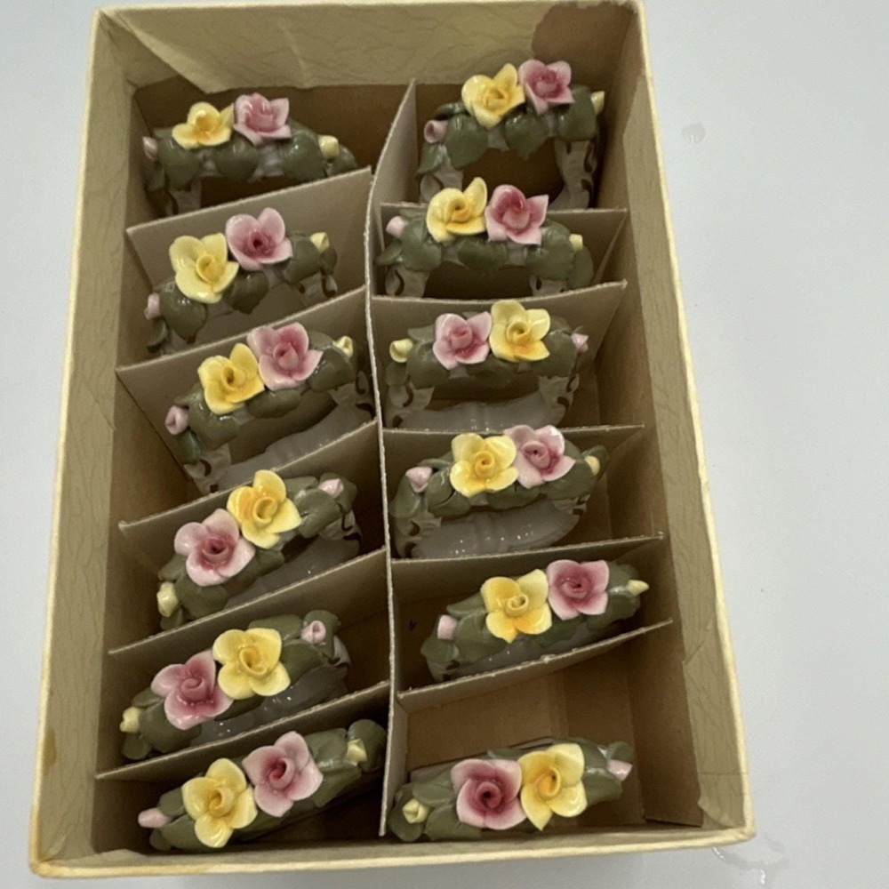 Dresden Germany Pink Rose Porcelain Napkin Holder Set 12 PC